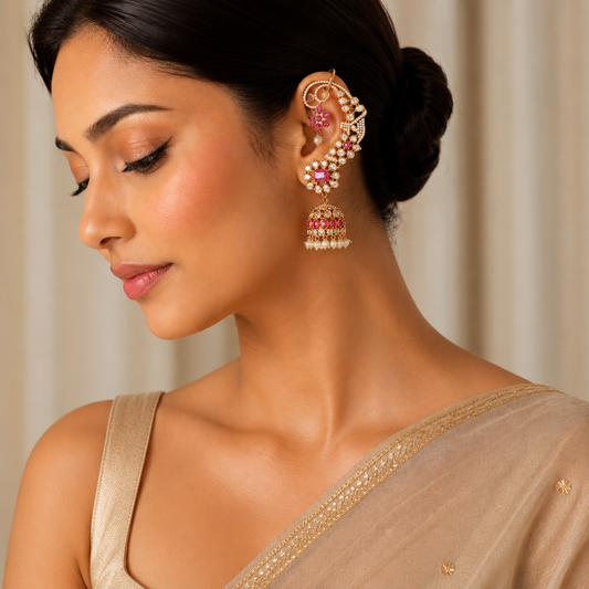 Ruby Kemp Stone Floral Ear Cuff Jhumkas – Gold Polish Statement Ear Wrap
