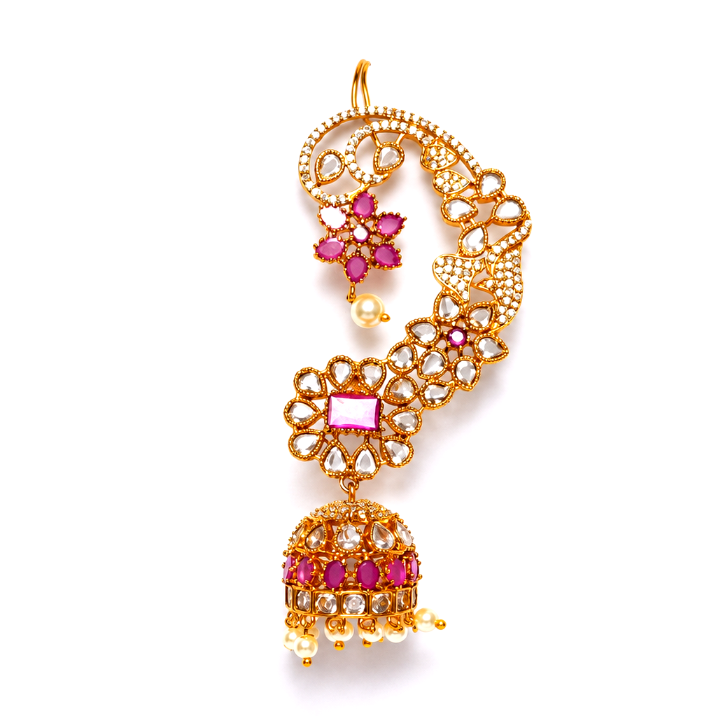 Ruby Kemp Stone Floral Ear Cuff Jhumkas – Gold Polish Statement Ear Wrap