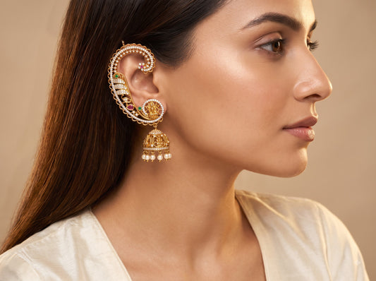 Mahalakshmi Temple Ear Cuff Jhumkas – Gold Polish Kemp Stone Ear Wrap