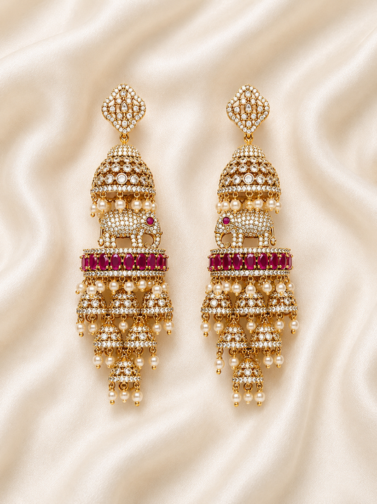 Royal Elephant Motif Kemp Stone Jhumka Earrings – Gold Polish Bridal Statement Earrings