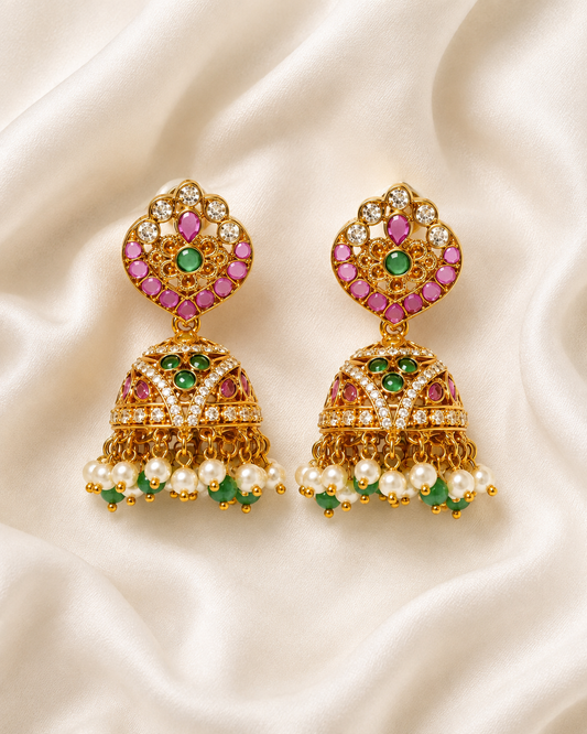 Royal Kemp Stone Ear Cuff with Detachable Jhumka – Gold Polish Temple Jewellery