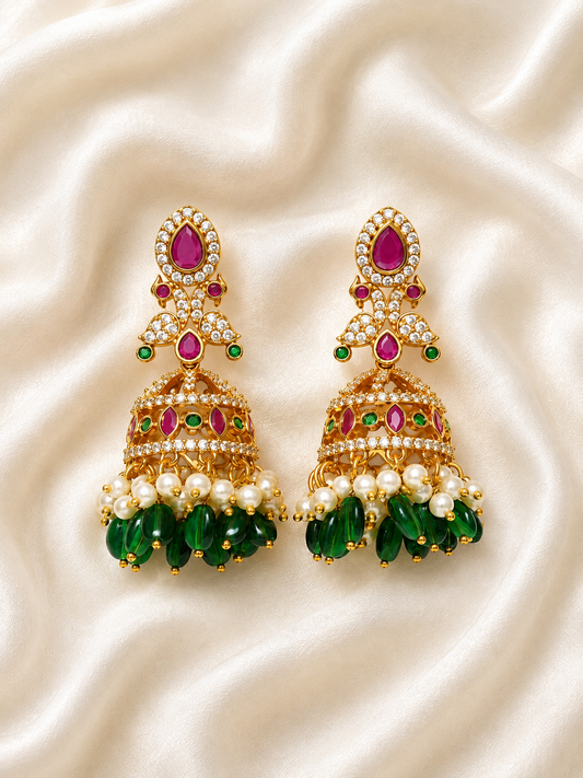 Royal Kemp Stone Jhumka Earrings with Green Beads & Pearls – Gold Polish