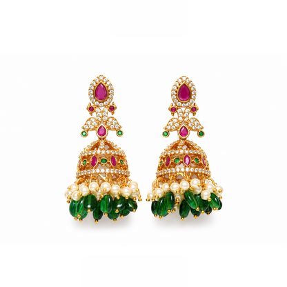 Royal Kemp Stone Jhumka Earrings with Green Beads & Pearls – Gold Polish