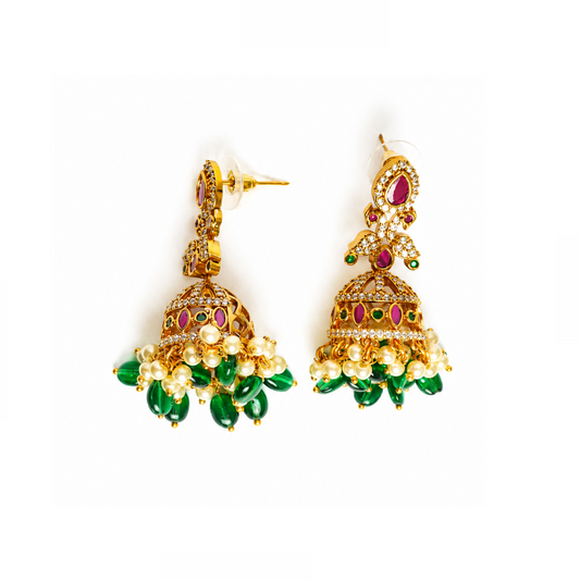 Royal Kemp Stone Jhumka Earrings with Green Beads & Pearls – Gold Polish