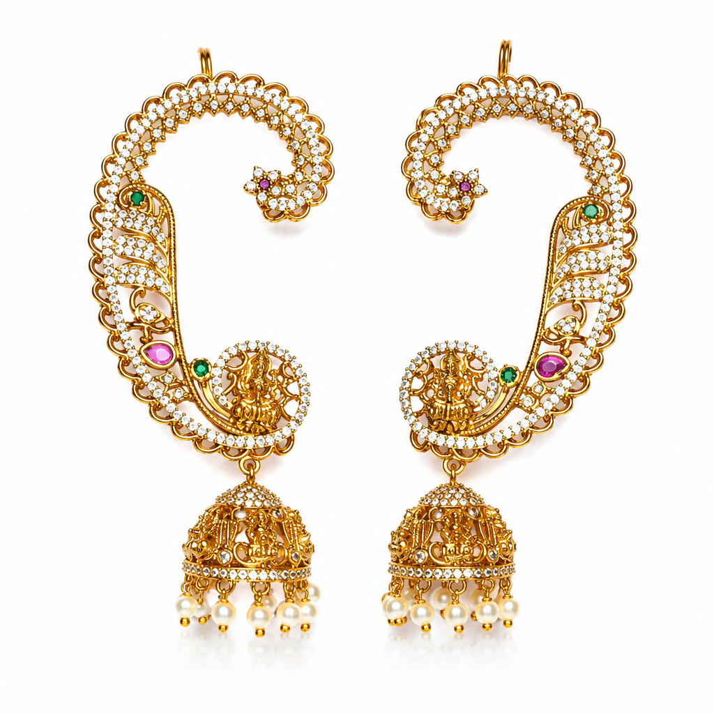 Mahalakshmi Temple Ear Cuff Jhumkas – Gold Polish Kemp Stone Ear Wrap