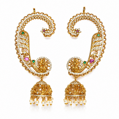 Mahalakshmi Temple Ear Cuff Jhumkas – Gold Polish Kemp Stone Ear Wrap