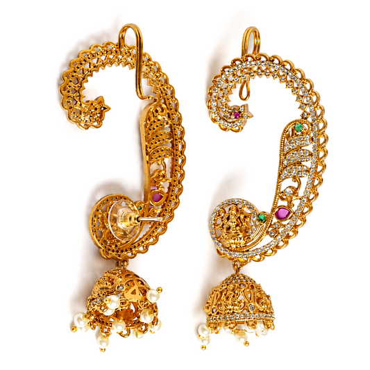 Mahalakshmi Temple Ear Cuff Jhumkas – Gold Polish Kemp Stone Ear Wrap