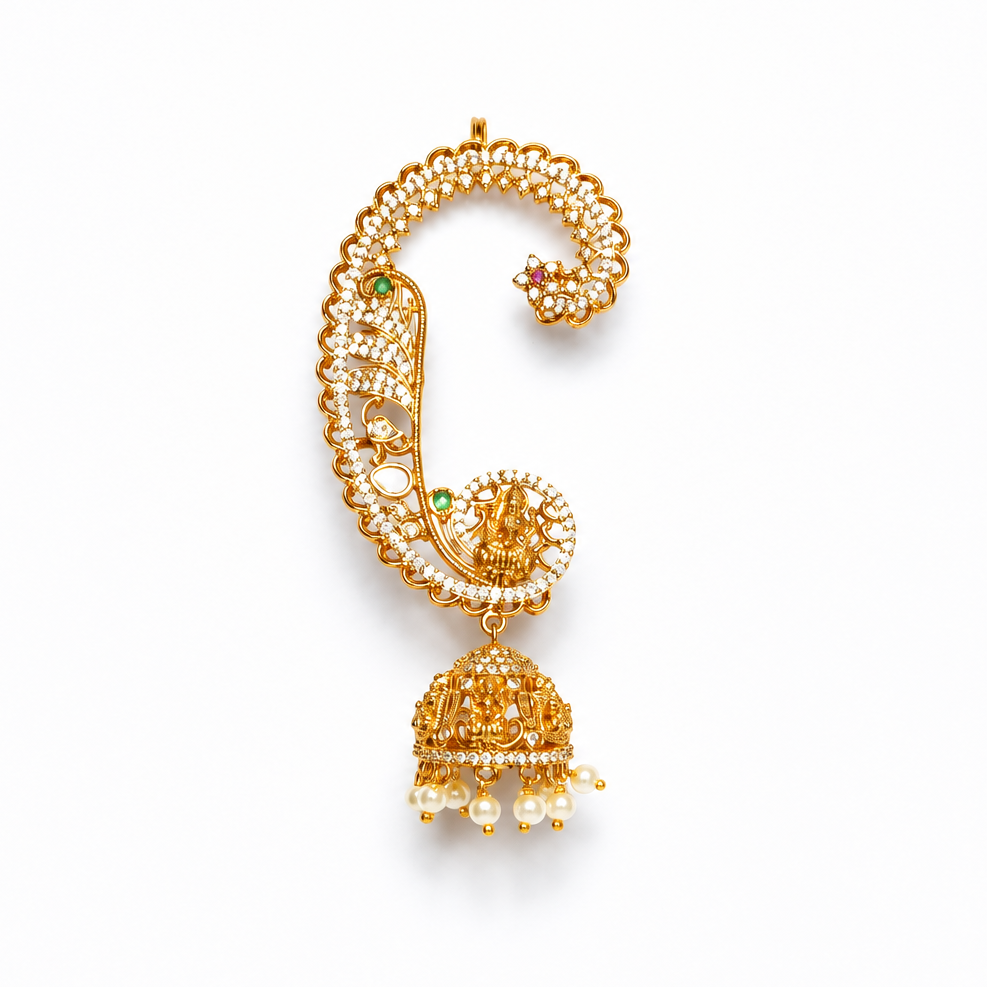 Mahalakshmi Temple Ear Cuff Jhumkas – Gold Polish Kemp Stone Ear Wrap