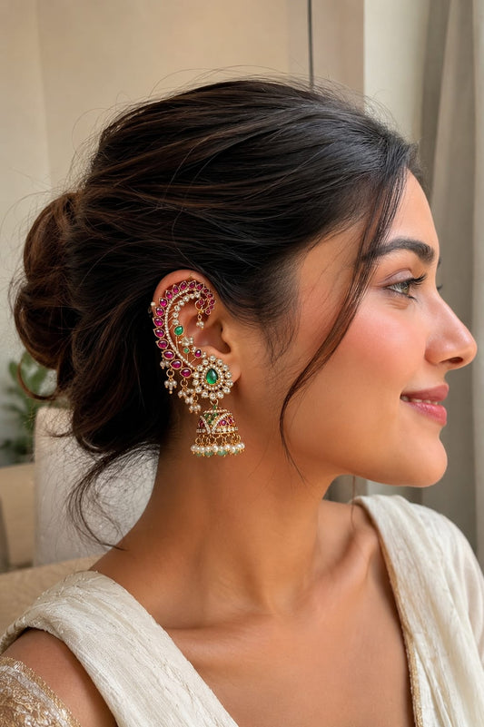 Royal Kemp Stone Ear Cuff with Detachable Jhumka – Gold Polish Temple Jewellery
