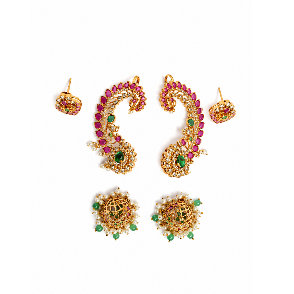 Royal Kemp Stone Ear Cuff with Detachable Jhumka – Gold Polish Temple Jewellery
