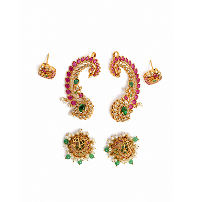 Royal Kemp Stone Ear Cuff with Detachable Jhumka – Gold Polish Temple Jewellery