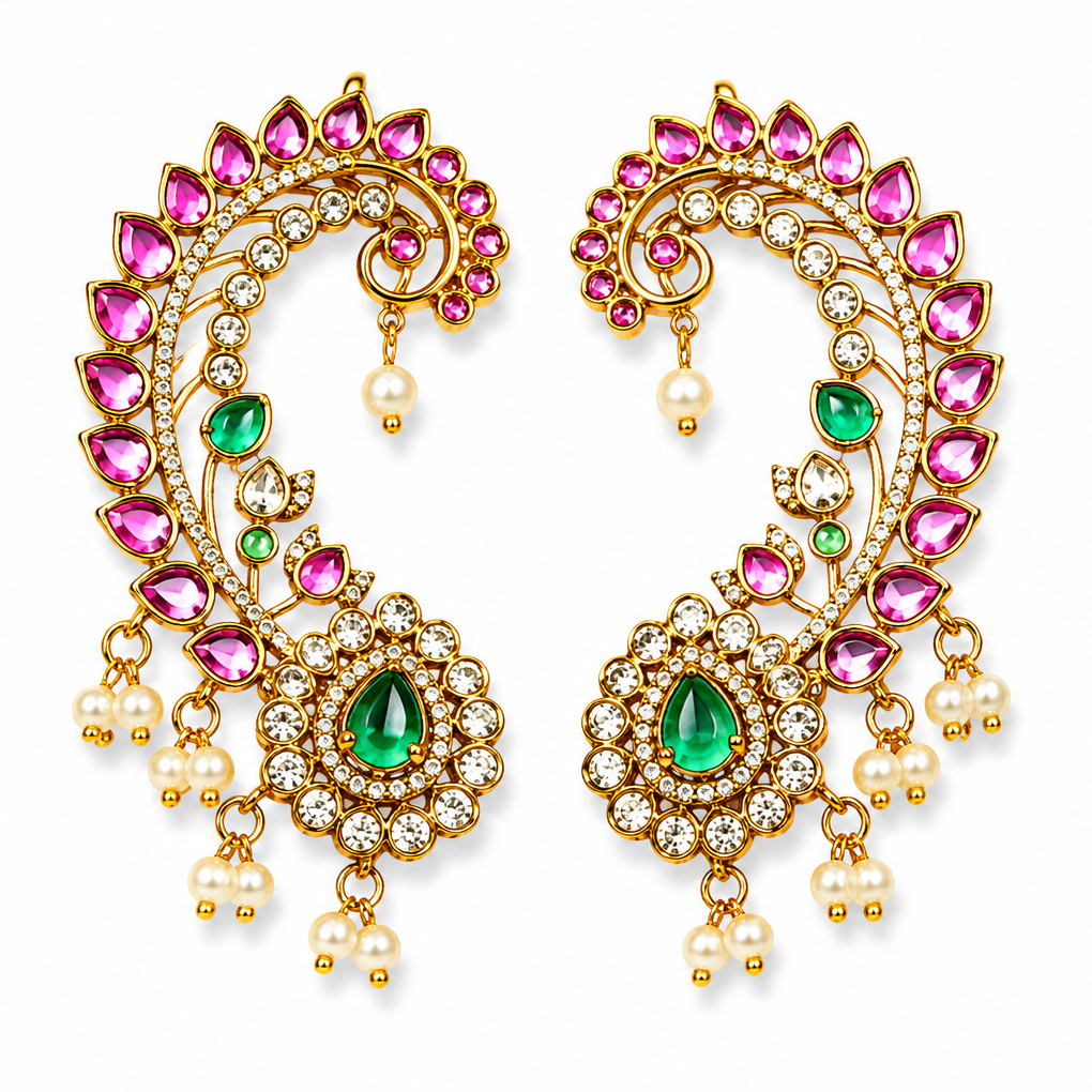 Royal Kemp Stone Ear Cuff with Detachable Jhumka – Gold Polish Temple Jewellery
