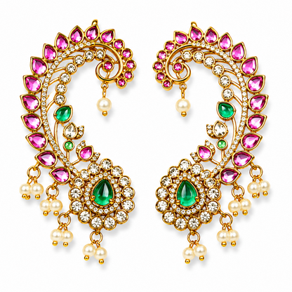 Royal Kemp Stone Ear Cuff with Detachable Jhumka – Gold Polish Temple Jewellery