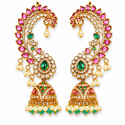 Royal Kemp Stone Ear Cuff with Detachable Jhumka – Gold Polish Temple Jewellery