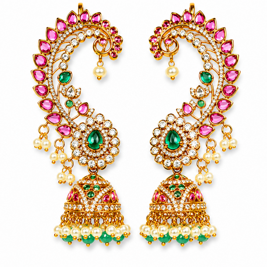 Royal Kemp Stone Ear Cuff with Detachable Jhumka – Gold Polish Temple Jewellery