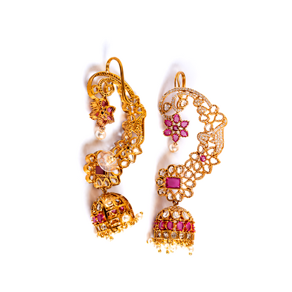 Ruby Kemp Stone Floral Ear Cuff Jhumkas – Gold Polish Statement Ear Wrap