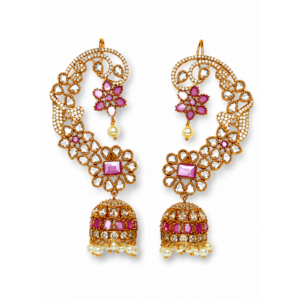 Ruby Kemp Stone Floral Ear Cuff Jhumkas – Gold Polish Statement Ear Wrap