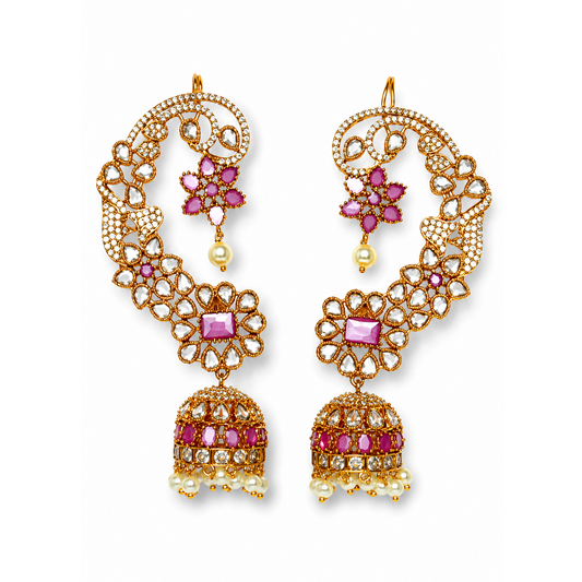 Ruby Kemp Stone Floral Ear Cuff Jhumkas – Gold Polish Statement Ear Wrap