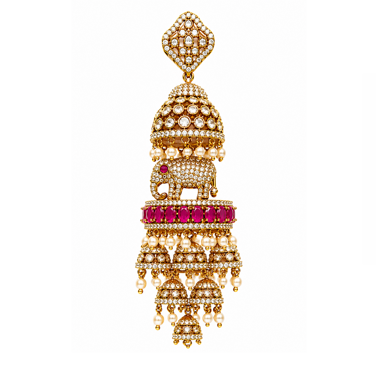 Royal Elephant Motif Kemp Stone Jhumka Earrings – Gold Polish Bridal Statement Earrings