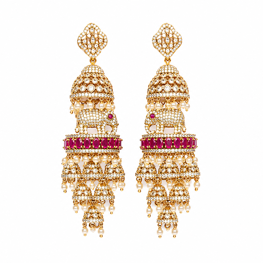Royal Elephant Motif Kemp Stone Jhumka Earrings – Gold Polish Bridal Statement Earrings