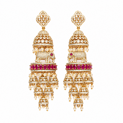 Royal Elephant Motif Kemp Stone Jhumka Earrings – Gold Polish Bridal Statement Earrings