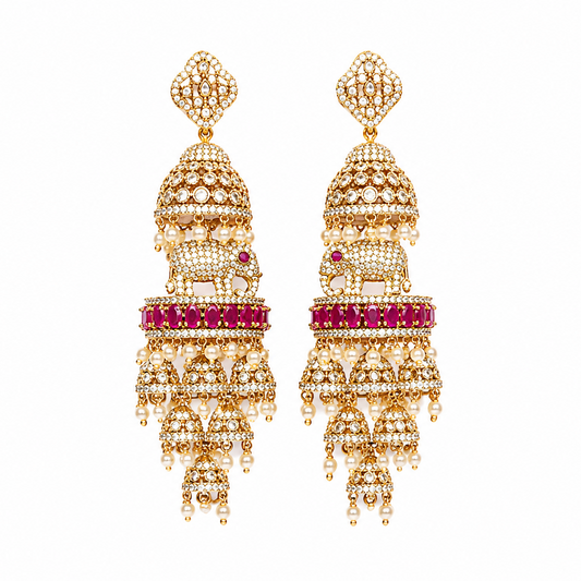 Royal Elephant Motif Kemp Stone Jhumka Earrings – Gold Polish Bridal Statement Earrings