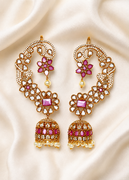 Ruby Kemp Stone Floral Ear Cuff Jhumkas – Gold Polish Statement Ear Wrap