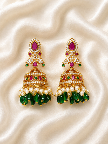 Royal Kemp Stone Jhumka Earrings with Green Beads & Pearls – Gold Polish
