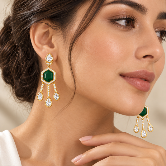 Emerald Noir Geometric Chandelier Earrings