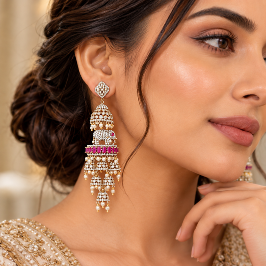Royal Elephant Motif Kemp Stone Jhumka Earrings – Gold Polish Bridal Statement Earrings