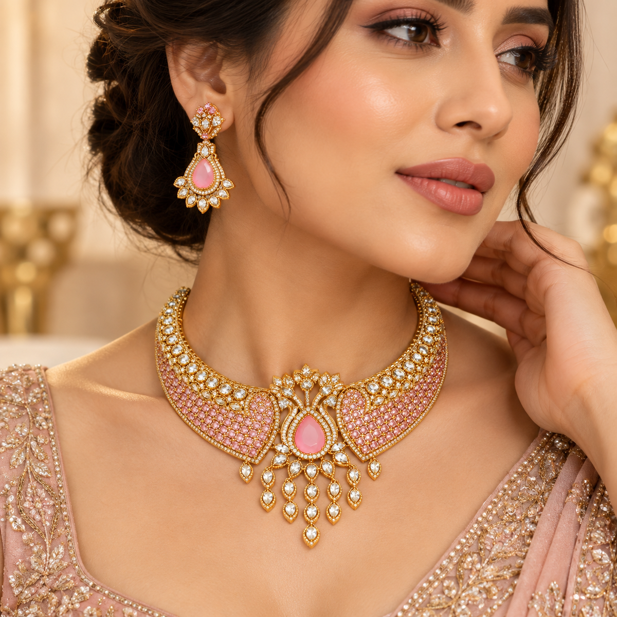 Rosé Maharani Moissanite Choker Necklace & Earrings Set
